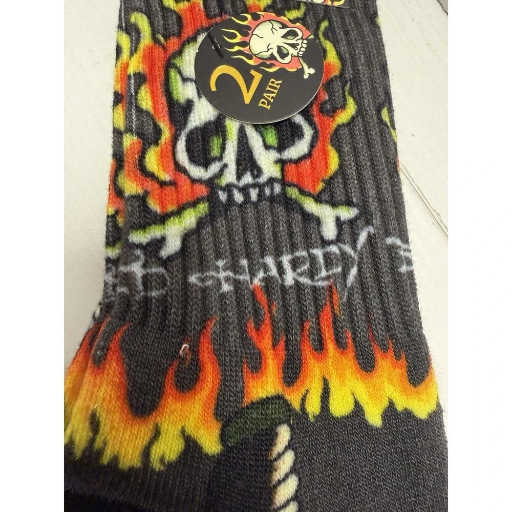 Ed Hardy Men's Crew Socks 2 Pairs Black Red Yellow Skull Tattoo 10-13